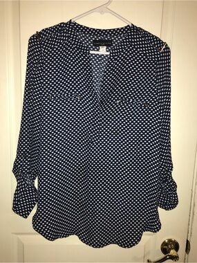 Simply Styled Navy and White Dot Button-Front Blouse